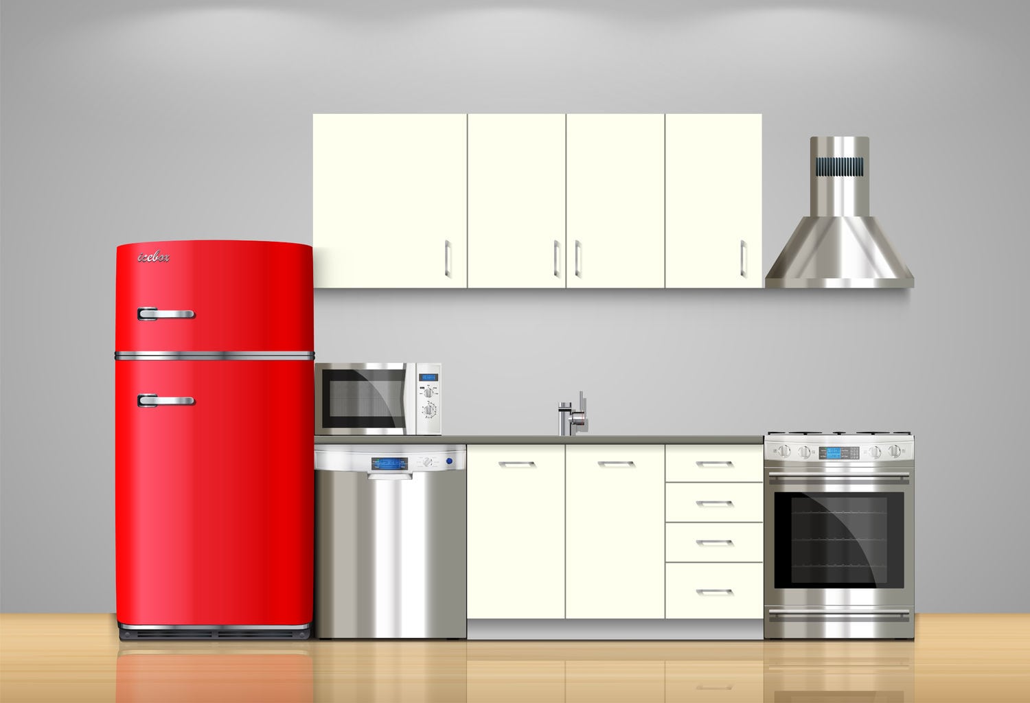 white kitchen red fridge
