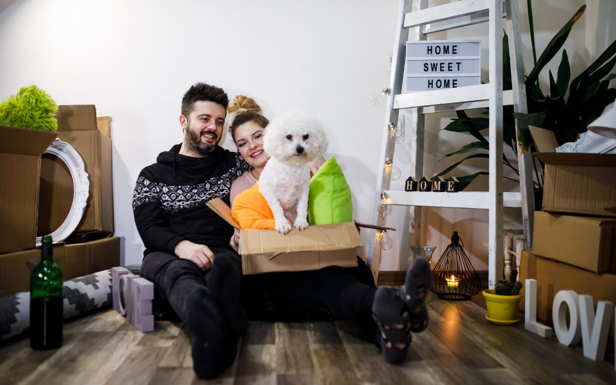 couple moving with dog in box