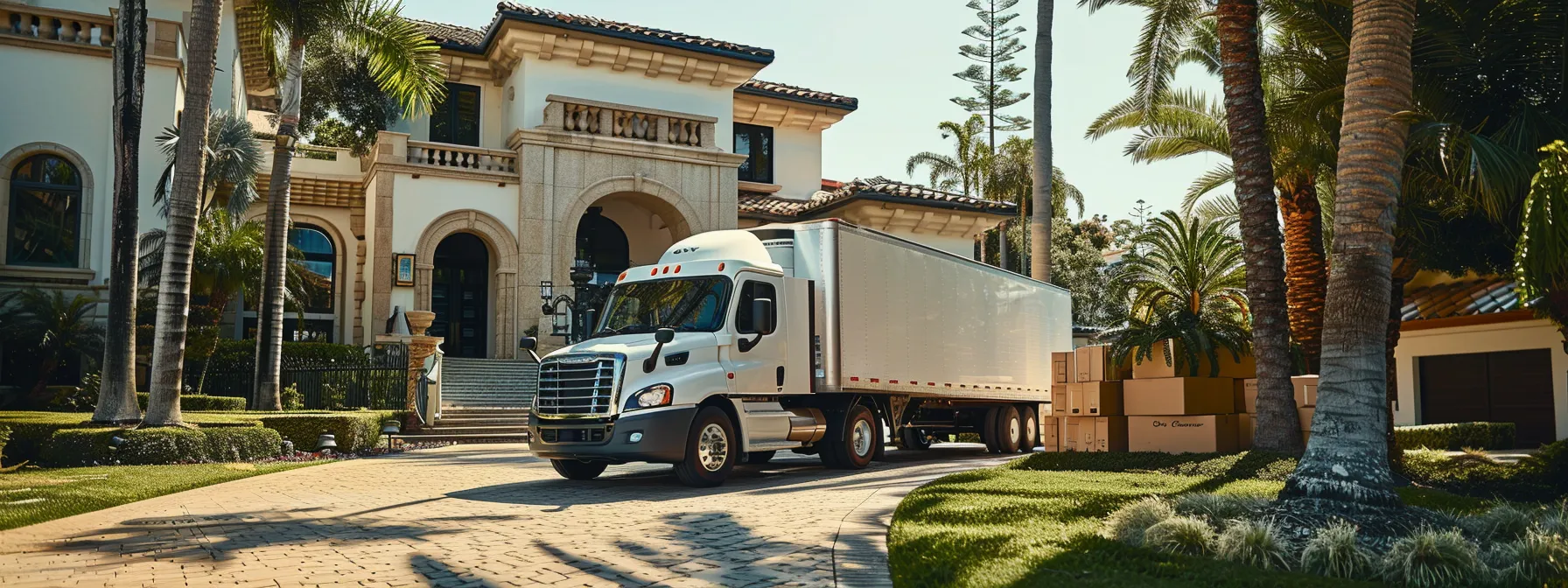 a moving truck parked in front of a spacious, well-organized home with a team of movers carrying boxes and furniture to showcase the factors affecting moving costs in san diego.