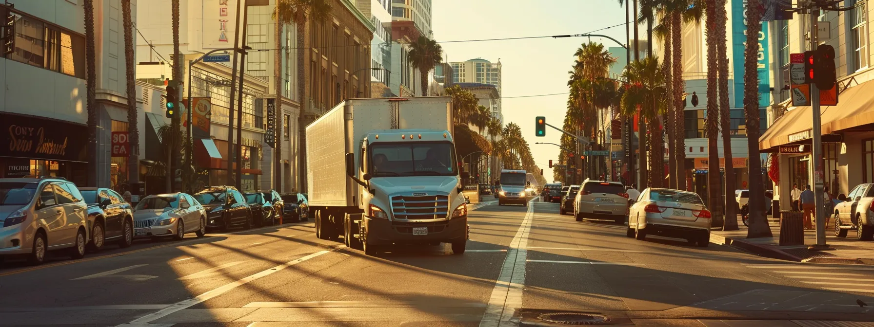 a moving truck navigating through bustling city streets in san diego, carefully adhering to parking regulations and traffic rules.