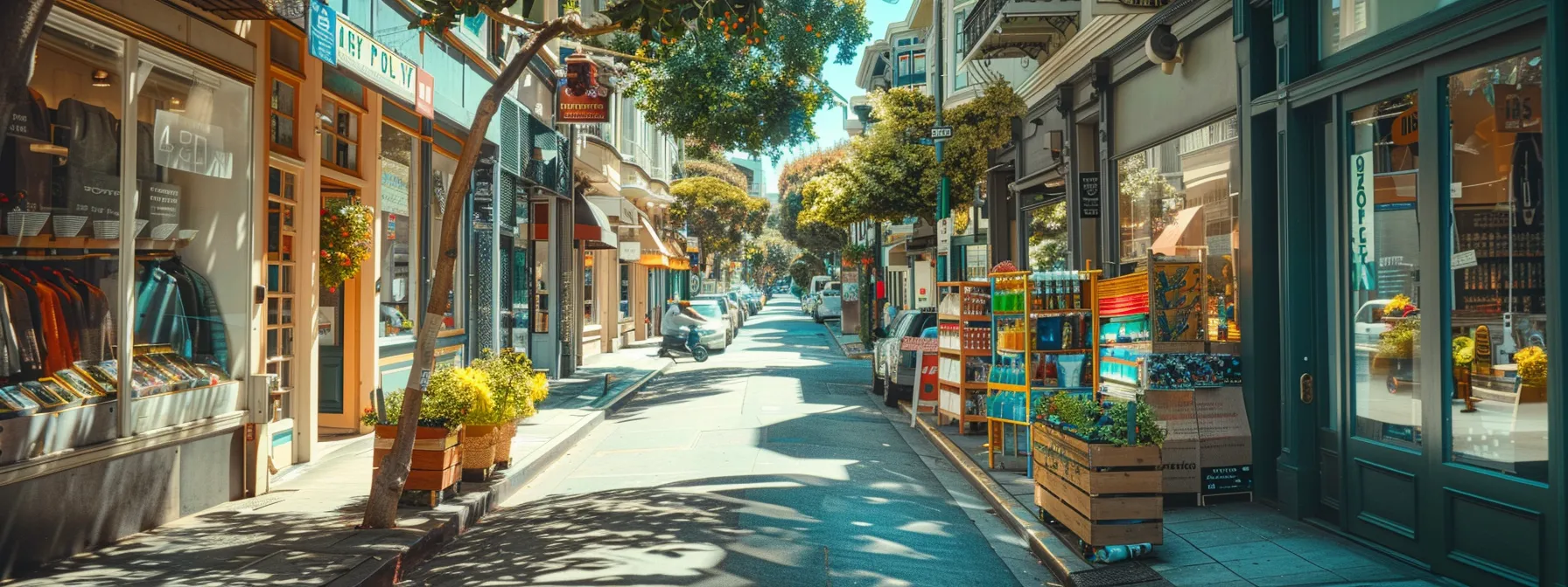 a sunny san francisco street lined with local stores showcasing eco-friendly packing supplies made from renewable resources.