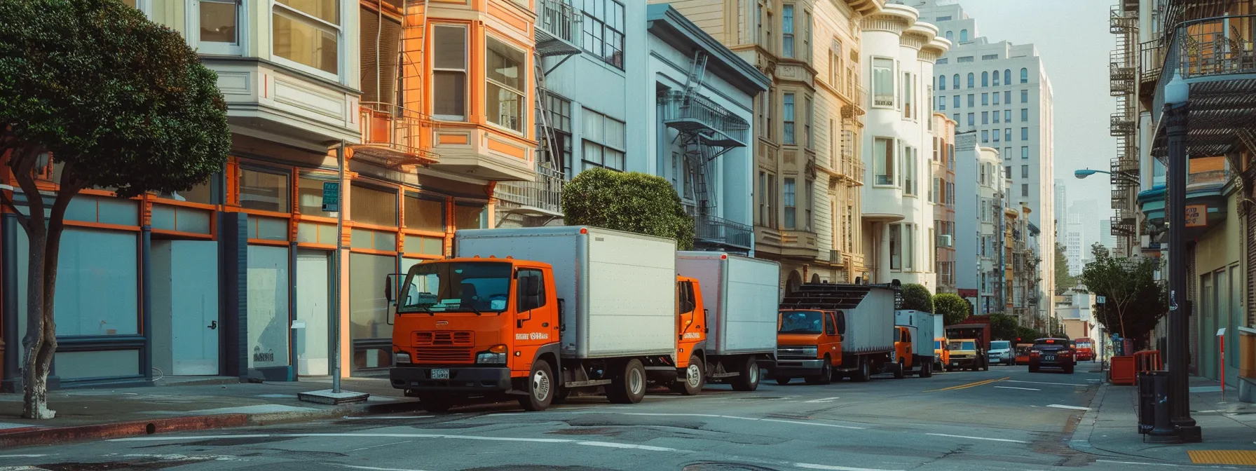 a diverse lineup of moving trucks parked on a vibrant san francisco street, showcasing the variety of local moving companies available for research.