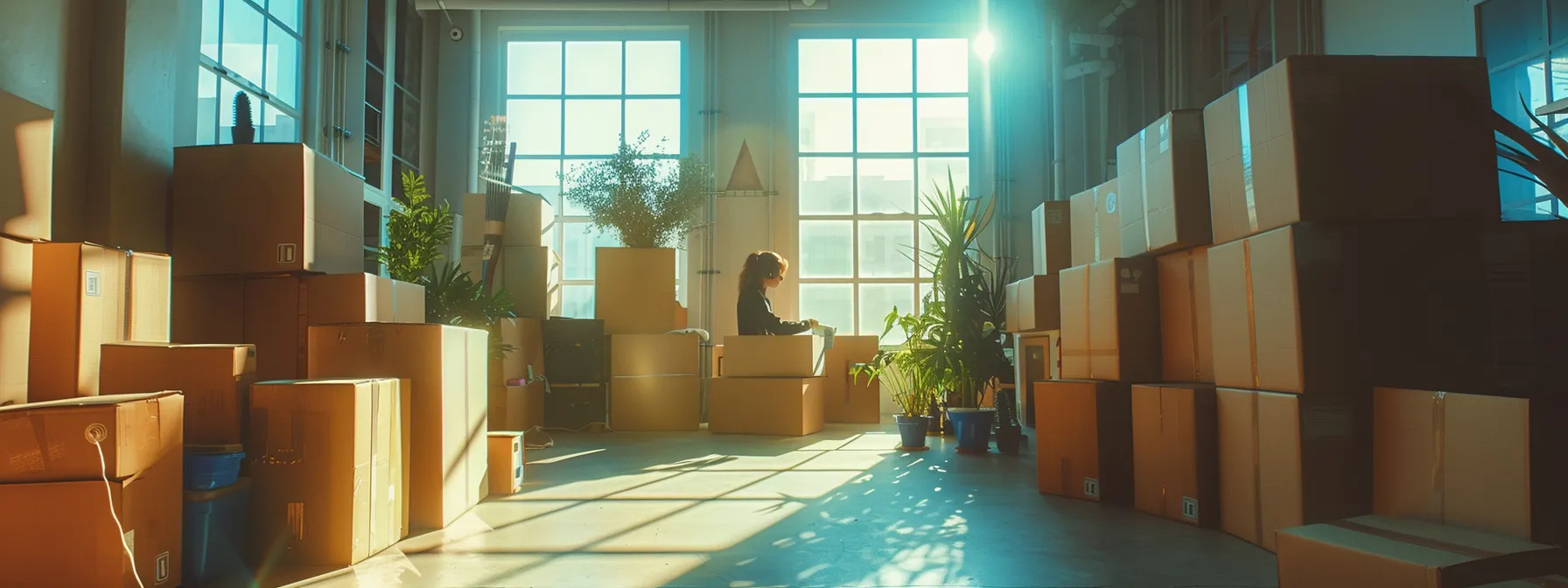 a person surrounded by neatly labeled moving boxes, coordinating with san diego movers in a spacious, well-lit room.