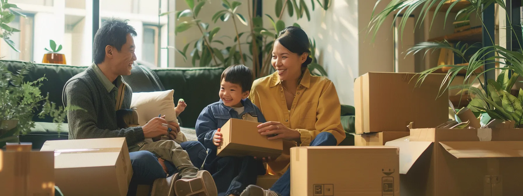 a family surrounded by neatly stacked moving boxes and smiling san jose movers discussing plans for their relocation.