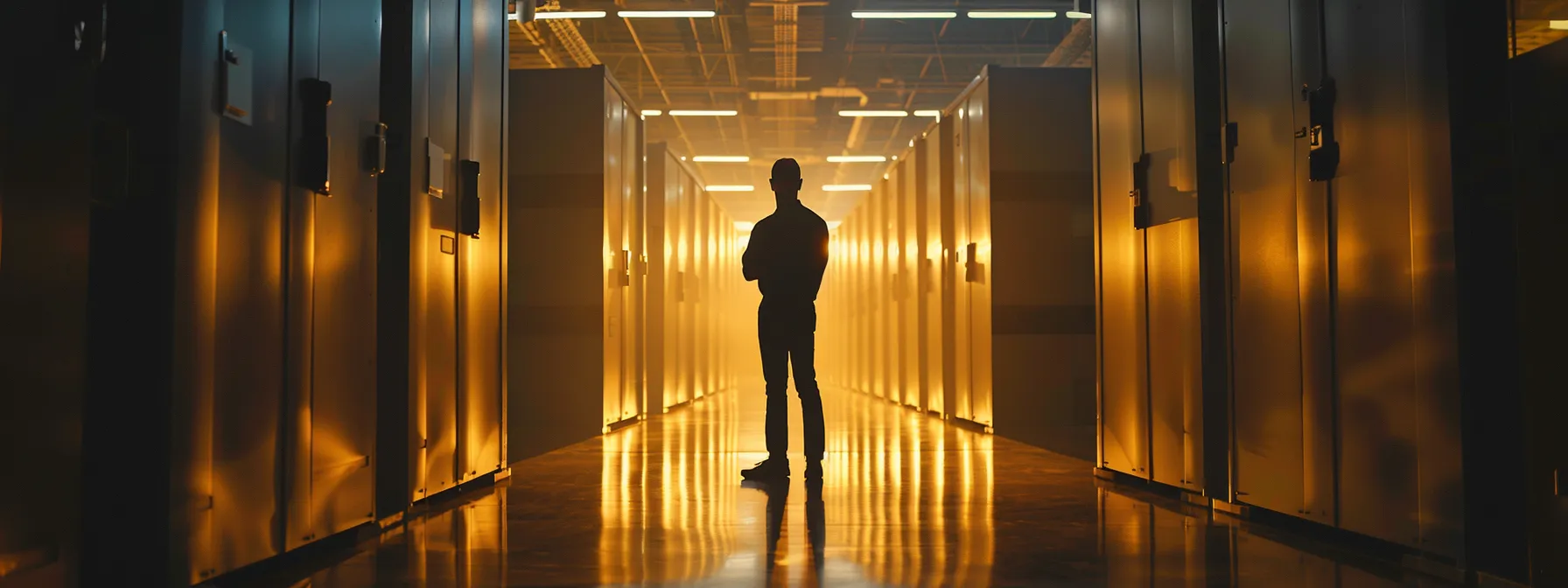 a person standing in front of a modern, high-security storage facility with advanced surveillance systems and access control measures in orange county.