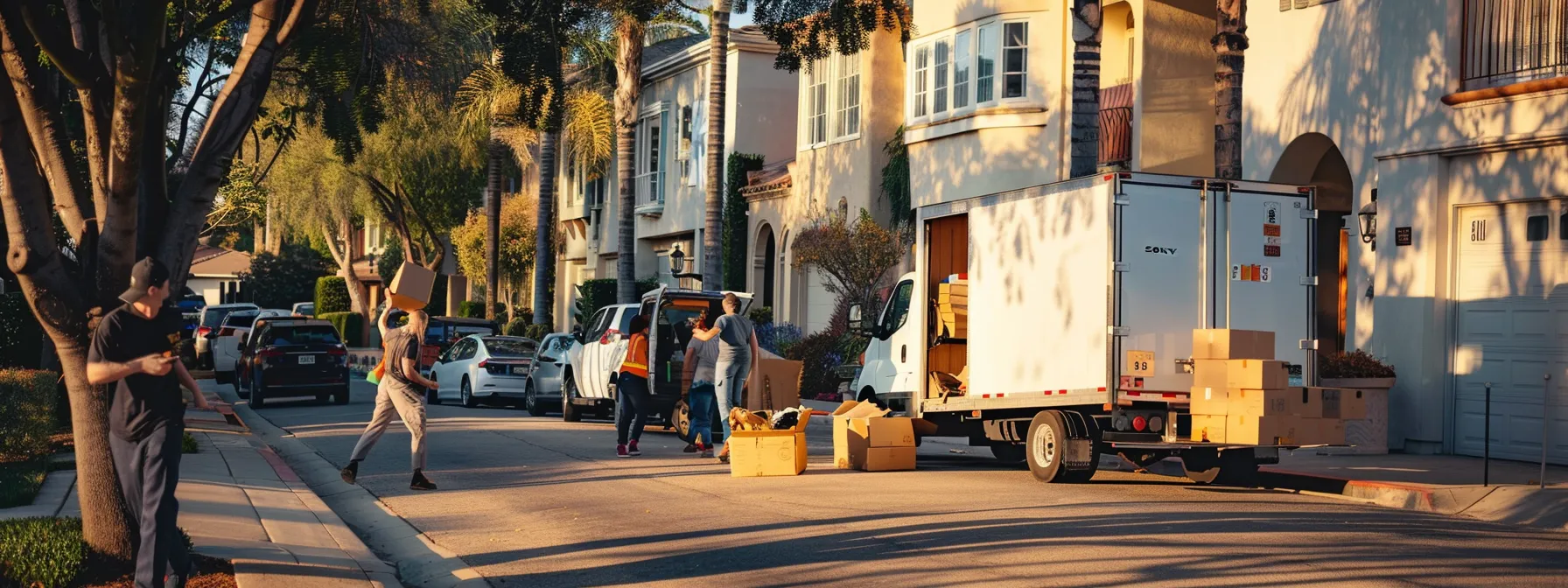 a professional moving crew carefully loading boxes and furniture into a moving truck in front of a cozy residential neighborhood in los angeles.