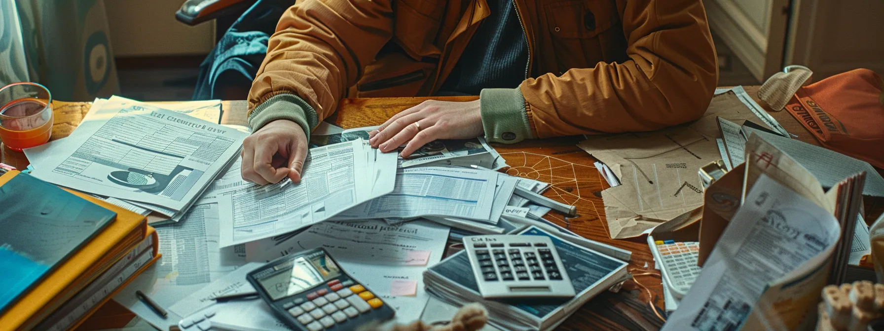 a person carefully comparing detailed quotes from various san francisco moving companies on a table littered with paperwork, calculators, and notes.