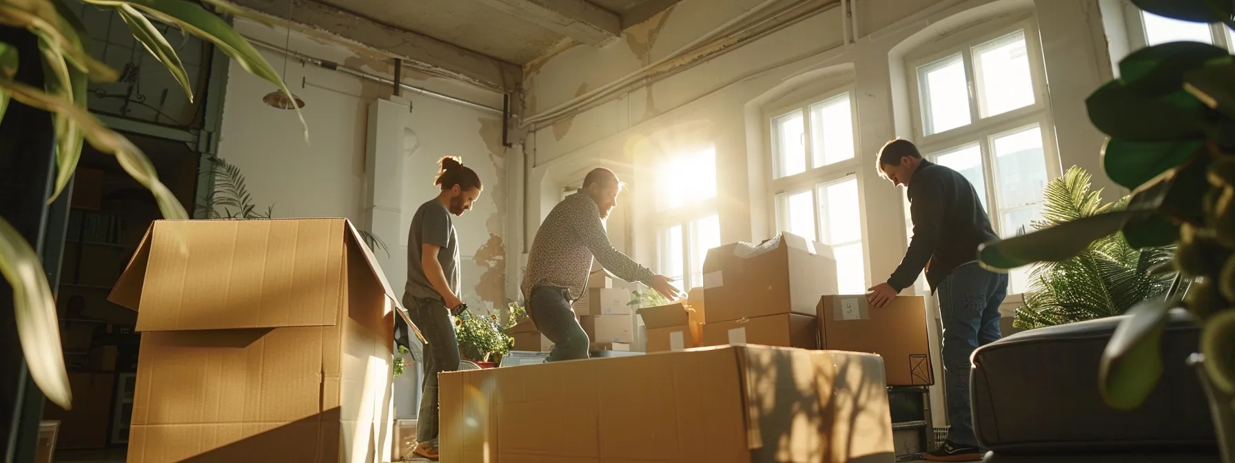 a group of professional movers carefully packing fragile items into sturdy cardboard boxes in a spacious and well-lit room.