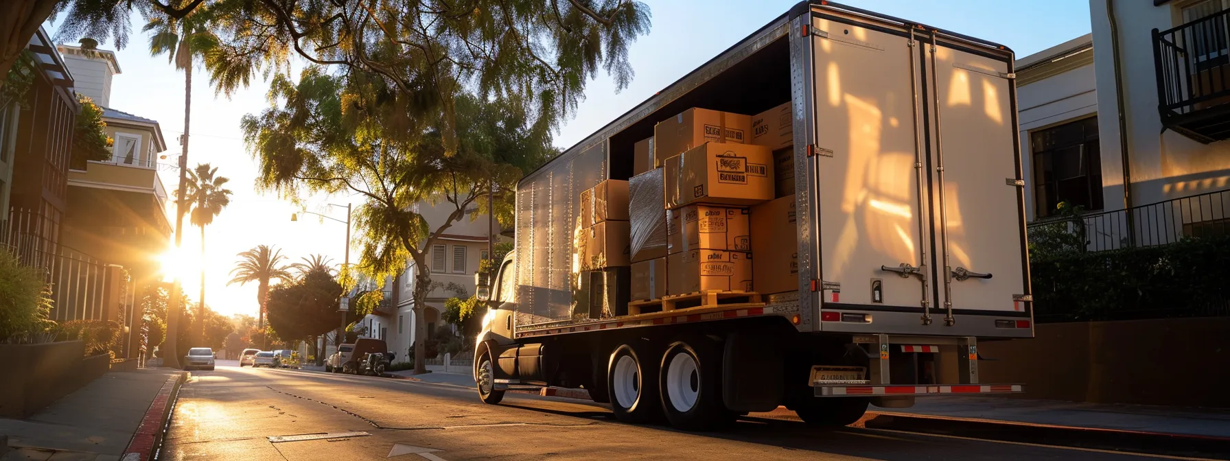 a pristine moving truck being carefully loaded with neatly stacked boxes by a team of professional movers in san diego.