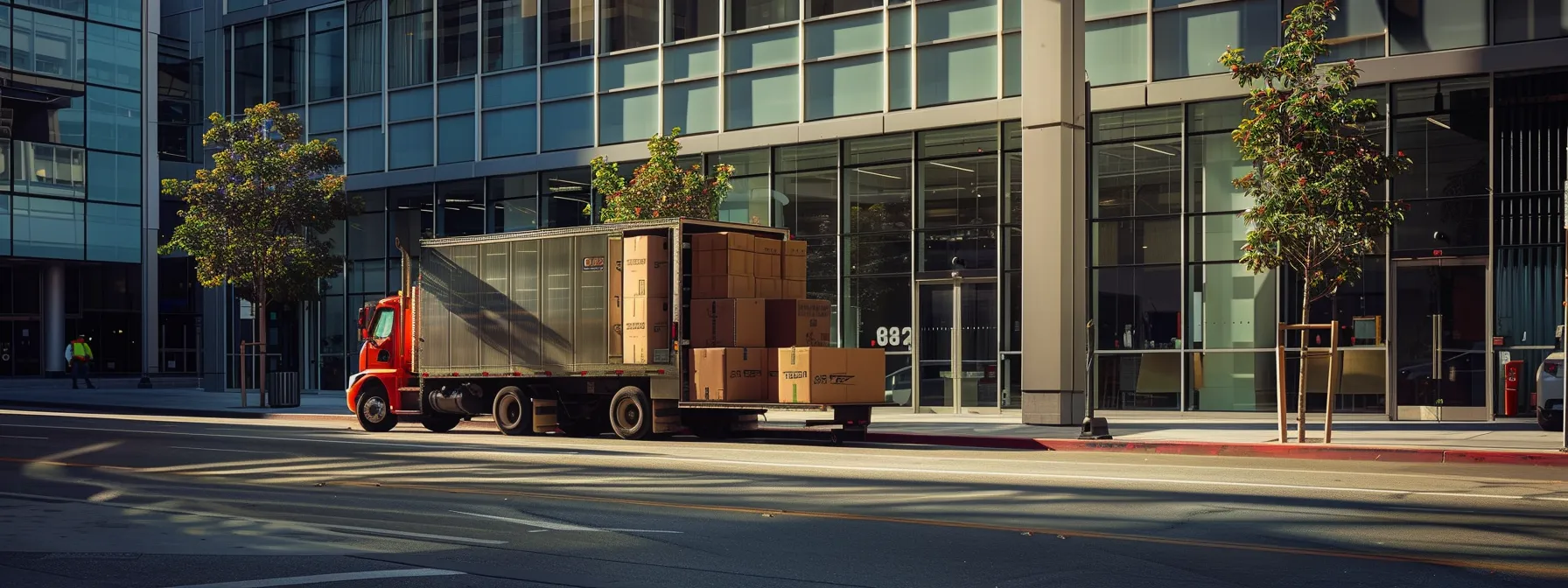 a team of professional movers securely packing and loading office furniture into a large moving truck in front of a modern office building in oakland.