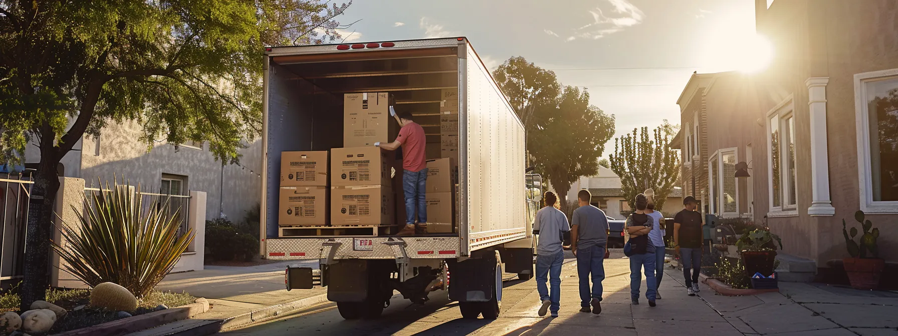 a group of movers carefully loading a truck with sturdy boxes, ready for a long haul journey from san diego.