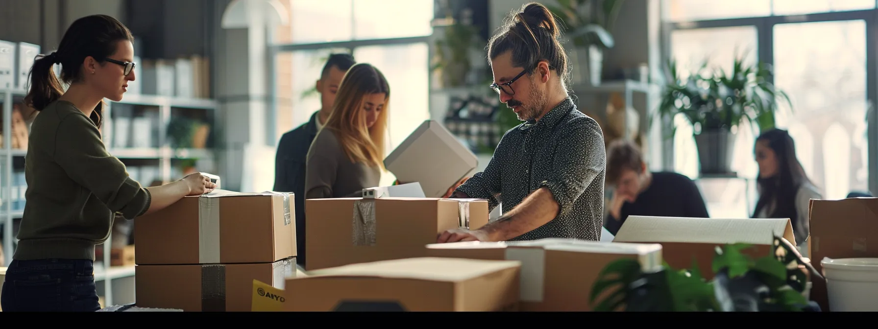 a group of movers efficiently packing up office equipment as employees look on with organized boxes and a clear relocation plan in the background.