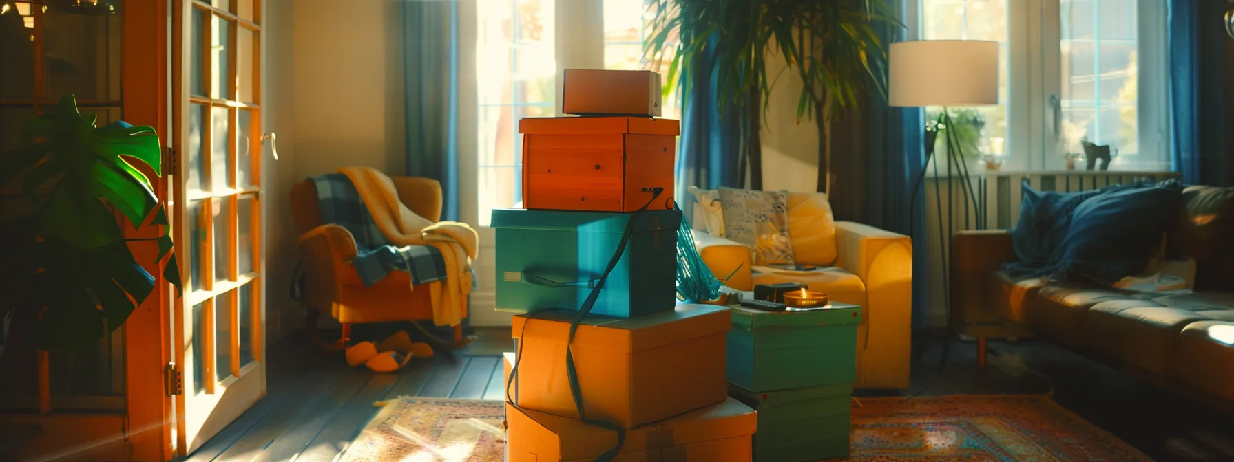 a group of movers carefully packing a stack of colorful moving boxes in a spacious living room.