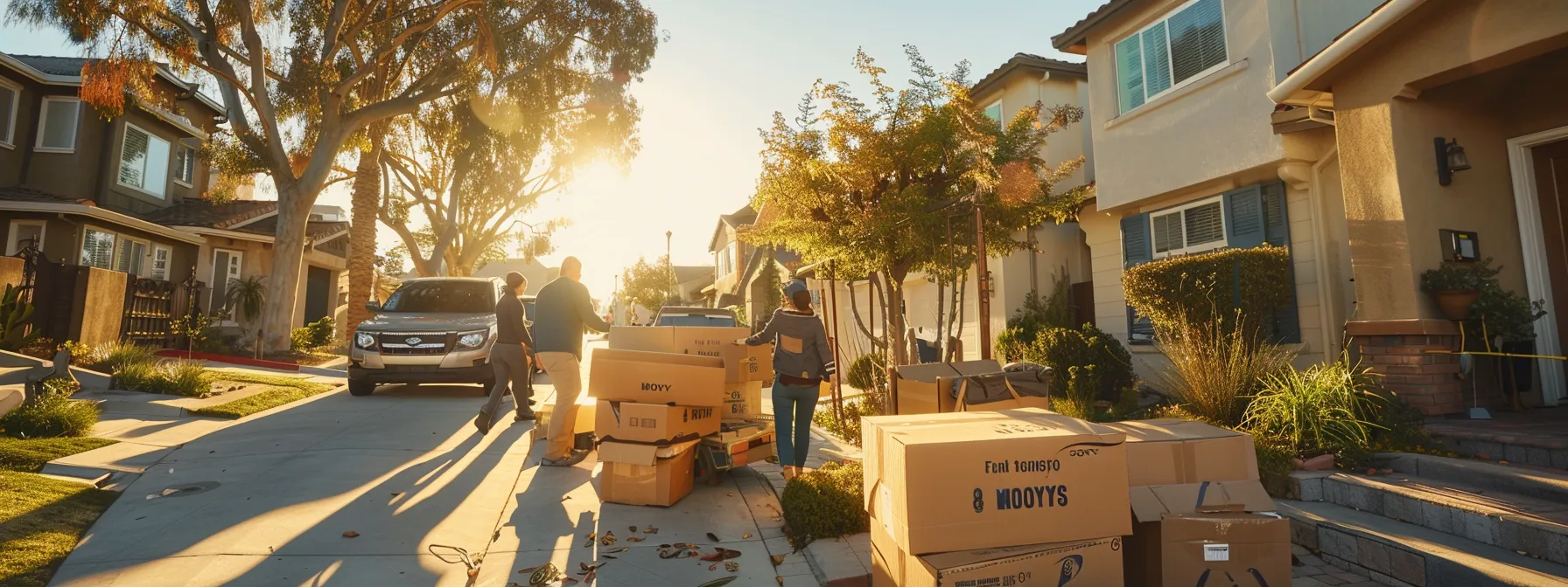 a group of movers expertly packing boxes in a bustling orange county neighborhood, showcasing their efficient and knowledgeable approach to local moving services.