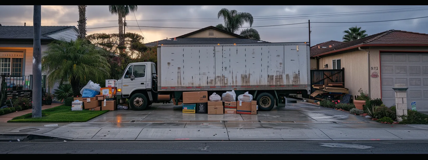 a moving truck parked in front of a san diego home, filled with boxes of personal belongings covered with protective padding, ready for an interstate move.