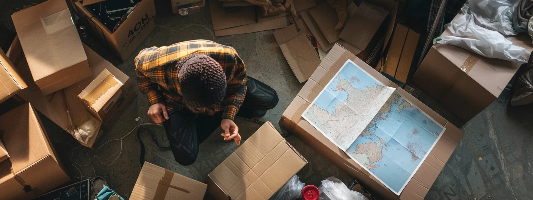 a person carefully reviewing a checklist of moving needs with a map of oakland in the background, surrounded by moving boxes and packing supplies.