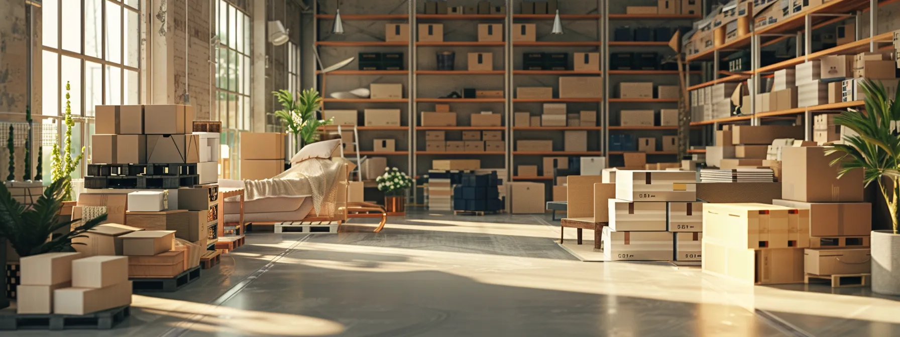 a spacious, well-organized storage unit filled with neatly stacked boxes and furniture, surrounded by professional moving boxes and packing supplies.