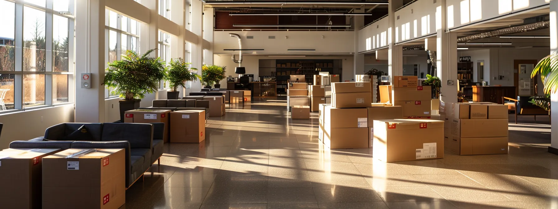 a sleek, modern office space with boxes neatly packed and ready for a smooth transition, highlighting the efficiency of oakland office moving services.