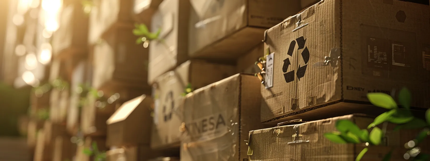 a stack of sturdy cardboard boxes labeled with recyclable symbols and filled with biodegradable packing materials, showcasing eco-friendly alternatives for sustainable packing.