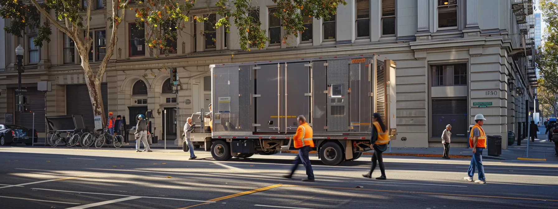 a team of movers carefully transporting office equipment through the busy streets of oakland, ensuring a smooth transition for a business relocation.