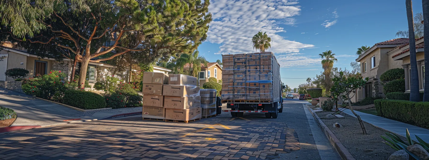 a moving truck loaded with neatly stacked boxes and protected with shrink wrap, parked outside a house in san diego.