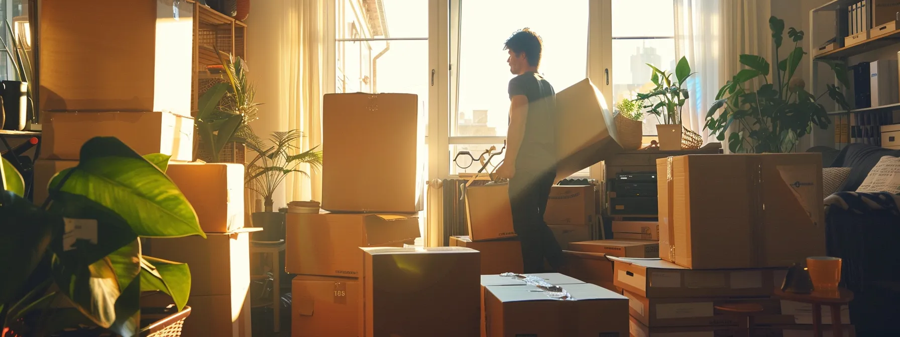 a professional moving expert carefully packing boxes in a neatly organized room filled with moving supplies.