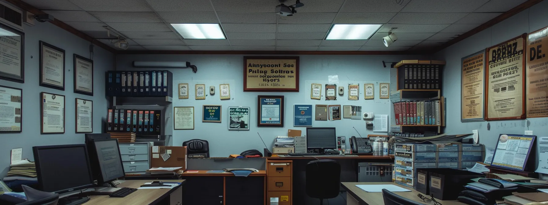 a professional moving company's office displaying licenses and certifications on the wall.