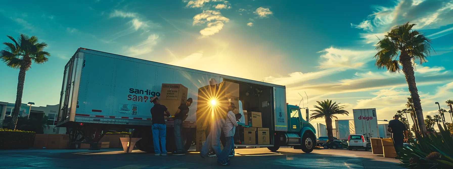 a group of skilled movers carefully loading a truck with boxes labeled 