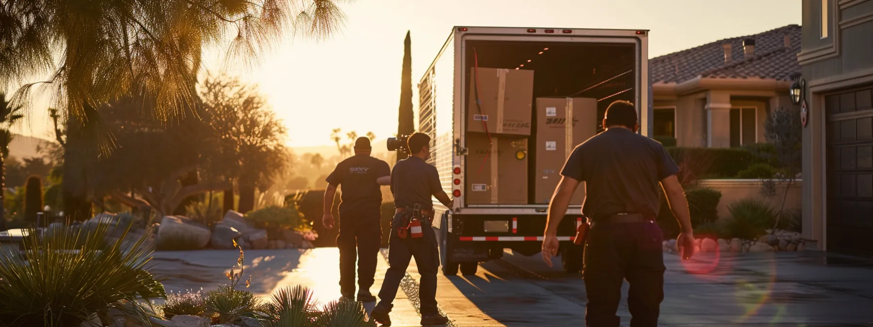 a diverse team of professional movers carefully loading a moving truck in a sunlit driveway, showcasing efficiency and teamwork in san diego's local moving services.