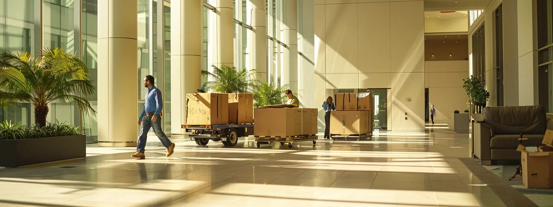 a group of movers carefully transporting office furniture through a modern san jose office building.