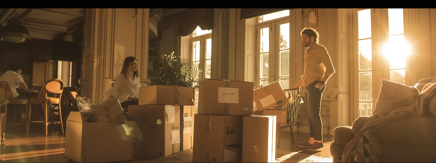 a family diligently labeling boxes and organizing belongings in a tidy, well-prepared home before moving day.