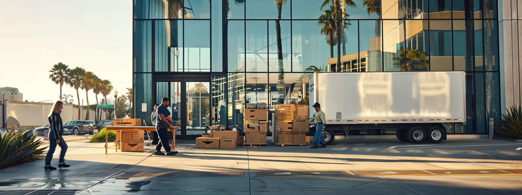 a group of burly movers carefully packing a sleek office desk into a large moving truck in front of a modern office building in downtown san diego.