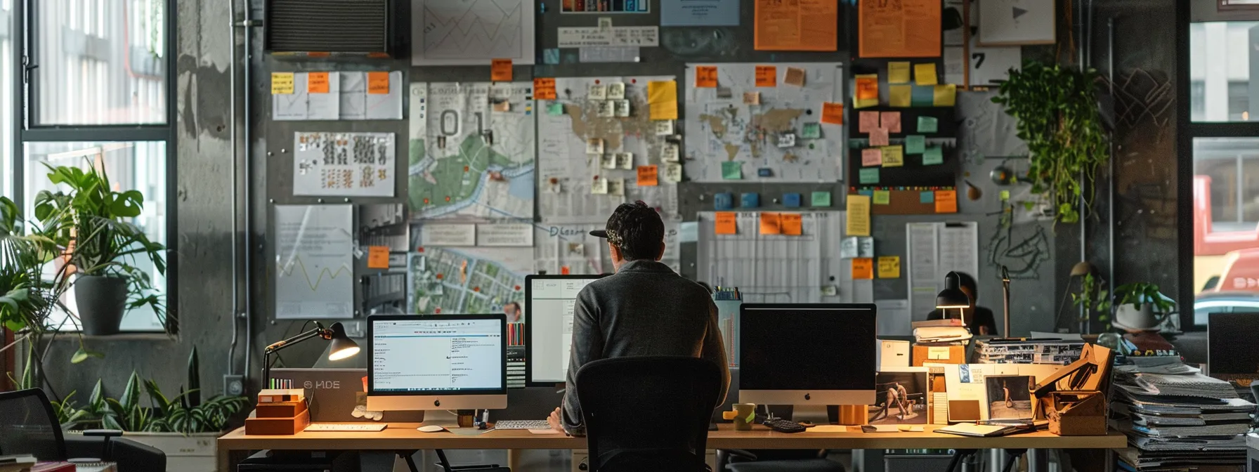 a busy office manager in san francisco maps out a detailed moving timeline surrounded by planning documents, communication tools, and a bustling office environment.