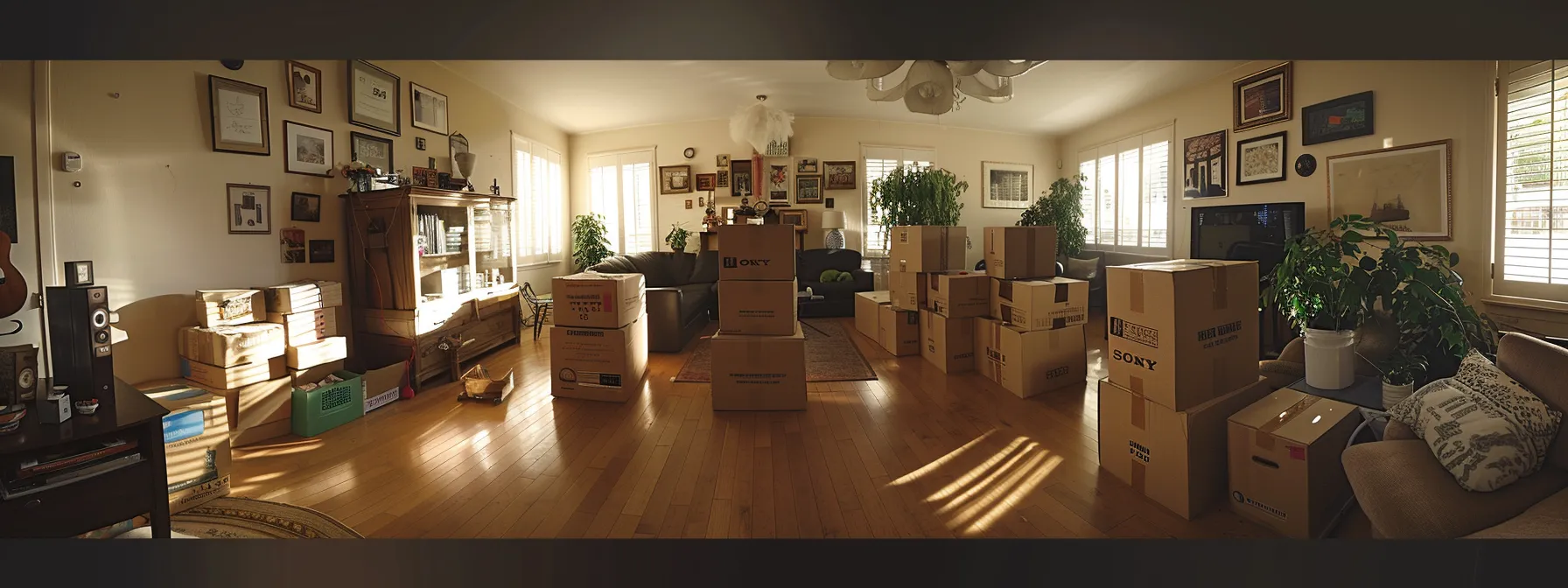 a spacious living room filled with neatly stacked cardboard moving boxes labeled with different rooms, ready for a successful residential move in los angeles.