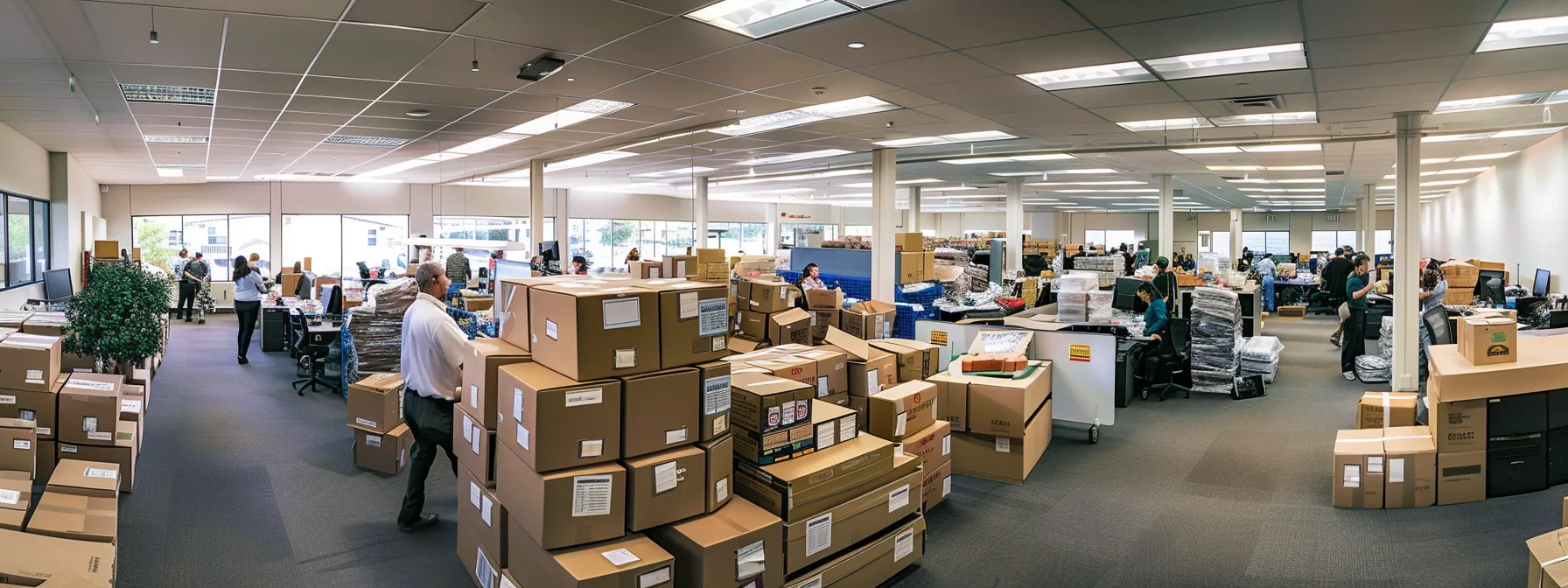 a bustling office space in orange county filled with movers efficiently packing boxes and navigating through cubicles, ensuring a seamless transition for businesses relocating.