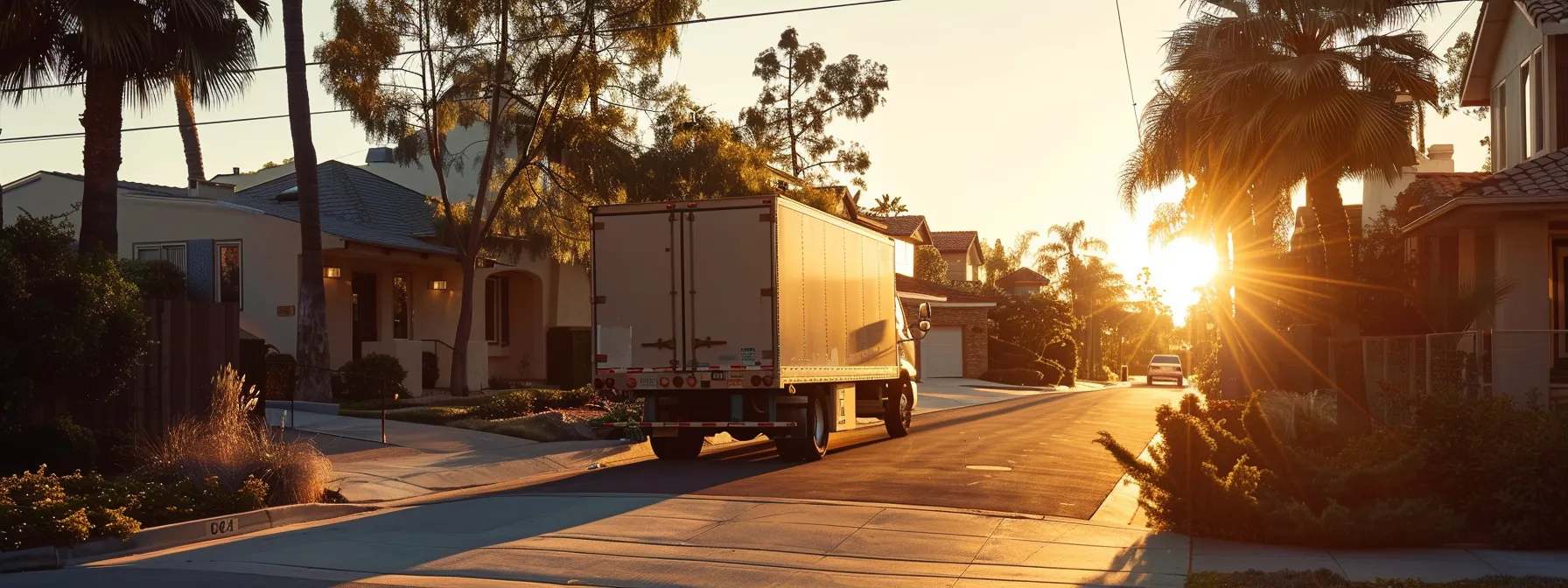 a moving truck parked outside a cozy san diego home, with the sun setting in the background, showcasing cost-effective solutions for a stress-free relocation.