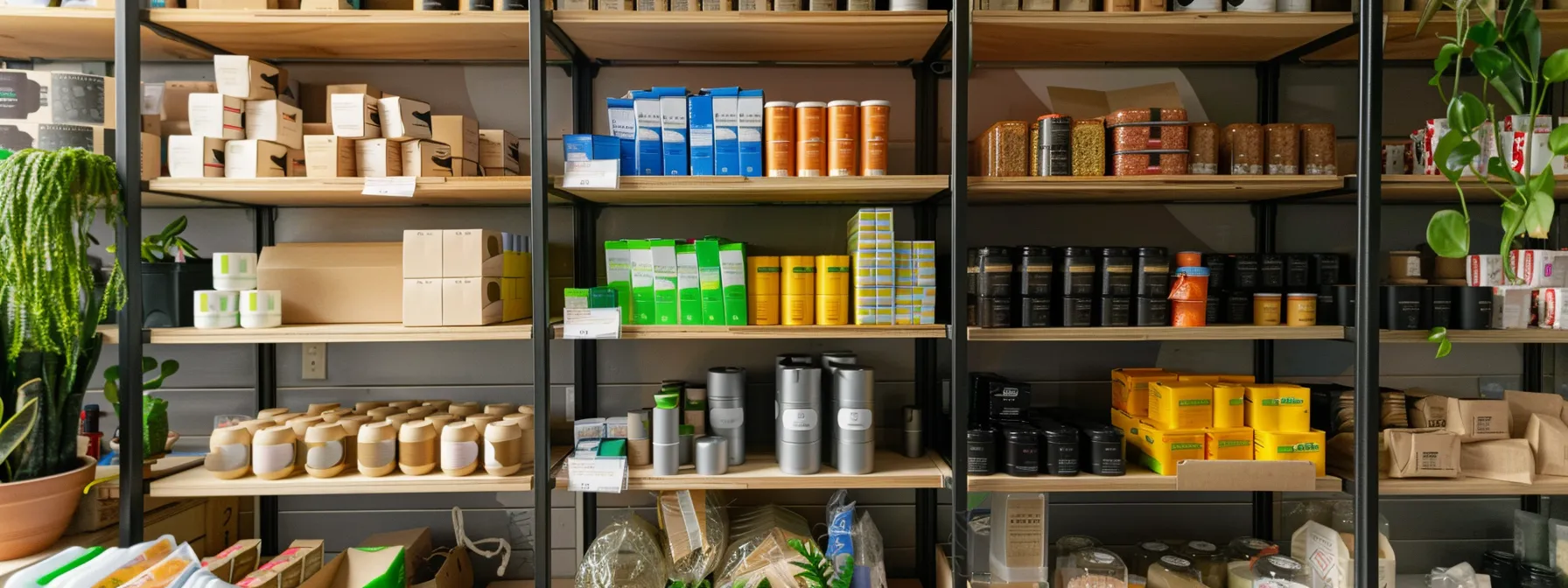 a local orange county business owner proudly showcasing shelves filled with a variety of eco-friendly packaging materials, featuring bright, biodegradable options alongside reusable solutions.