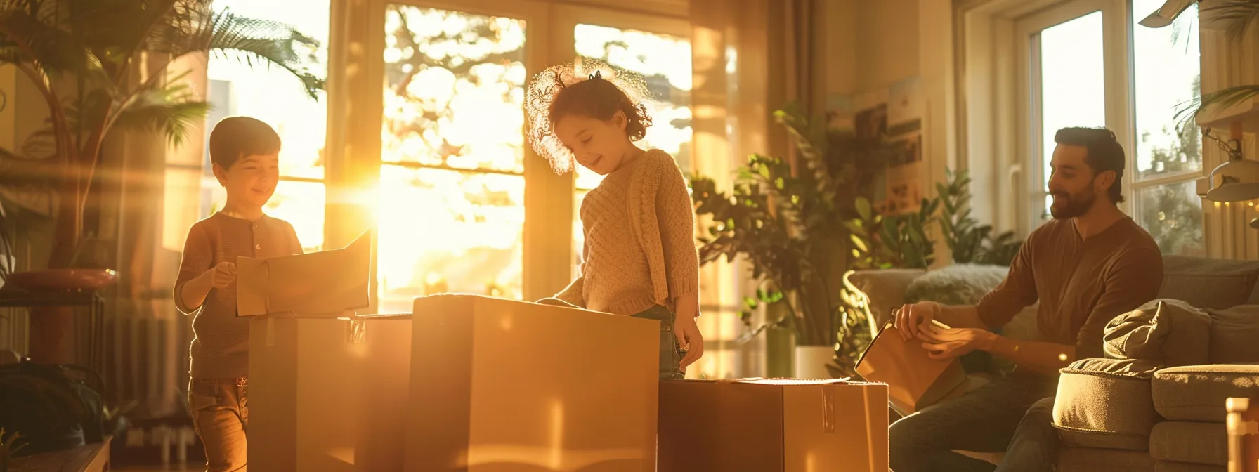 a family happily unpacking boxes in their new spacious living room surrounded by sunlight streaming through large windows.