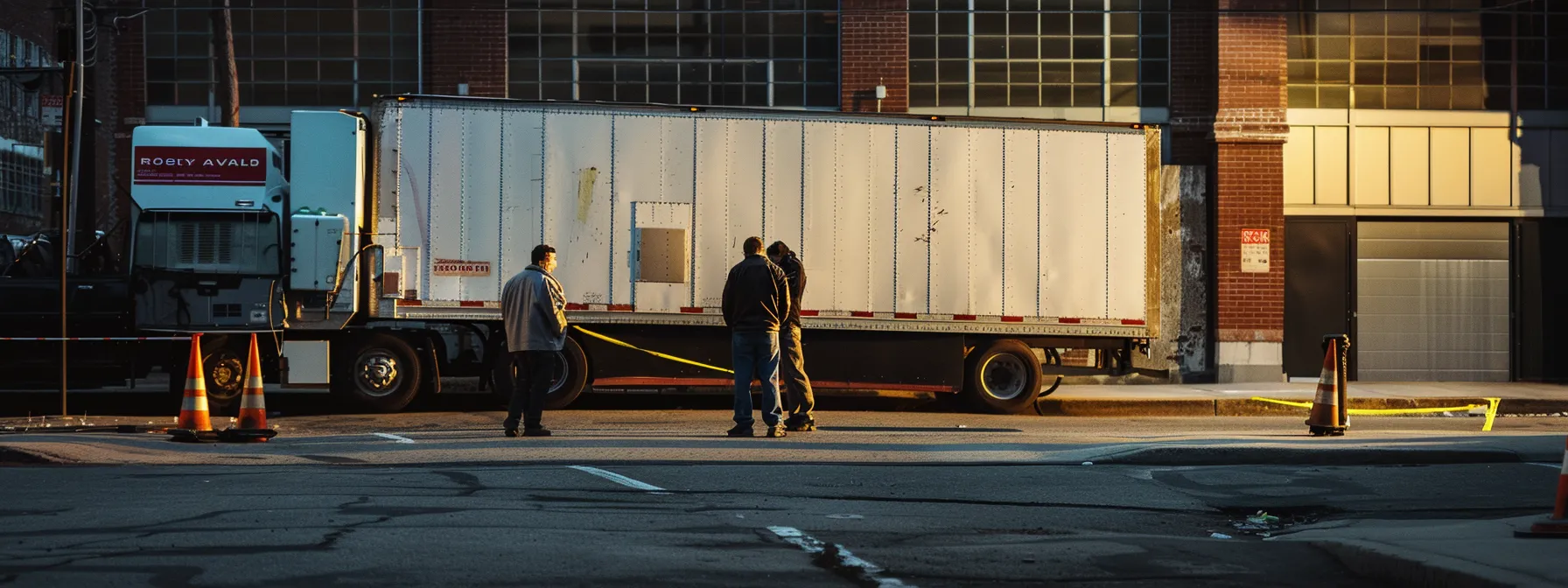 a person standing in front of a moving truck with suspiciously low pricing on the side, caution tape surrounding it, and a shady-looking company representative trying to collect a large upfront deposit.