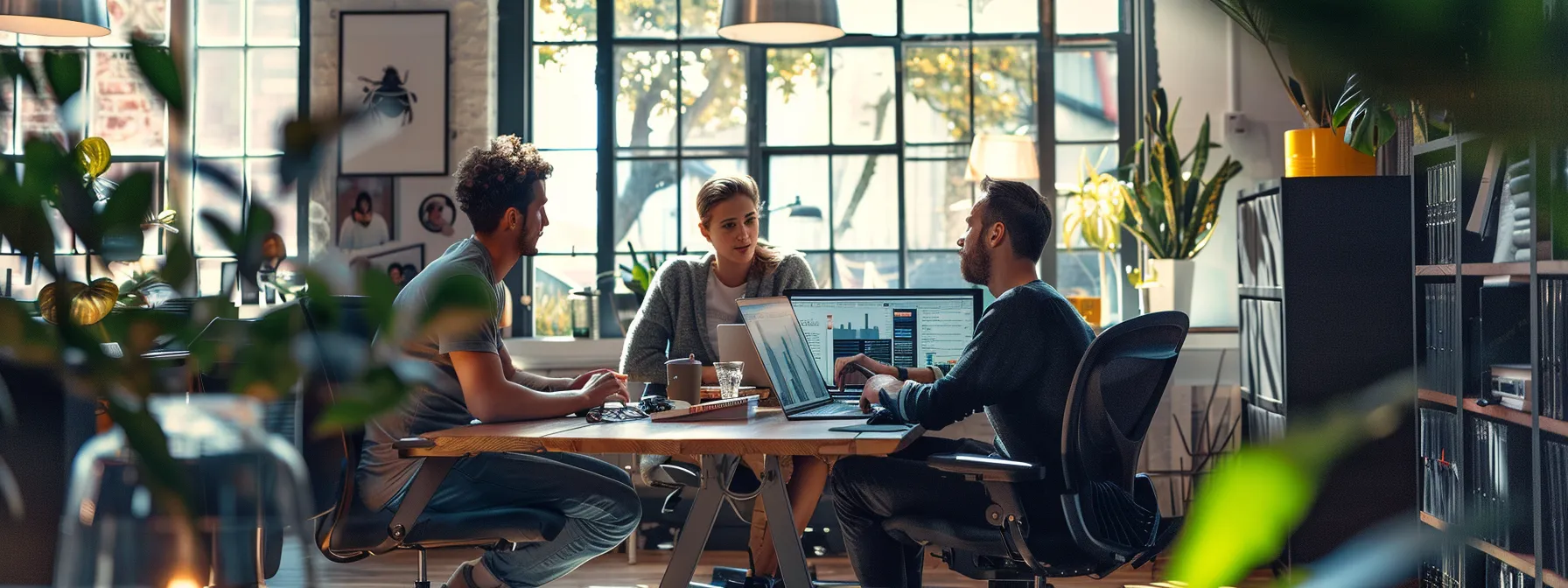 a couple discussing delivery schedules and service fees with a san diego moving company representative in a cluttered yet organized office setting.