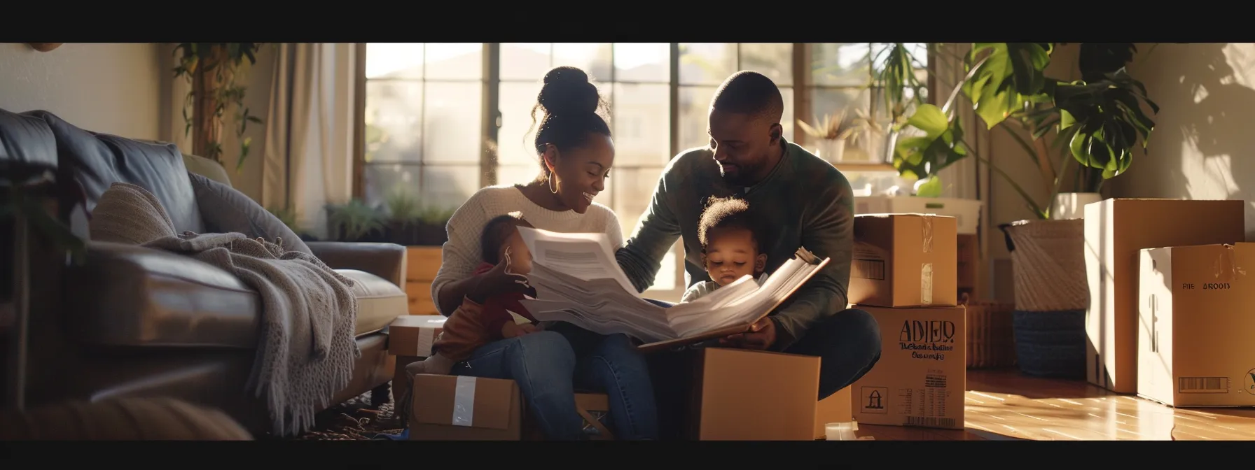 a family surrounded by moving boxes, checking a detailed invoice from residential movers in san diego.