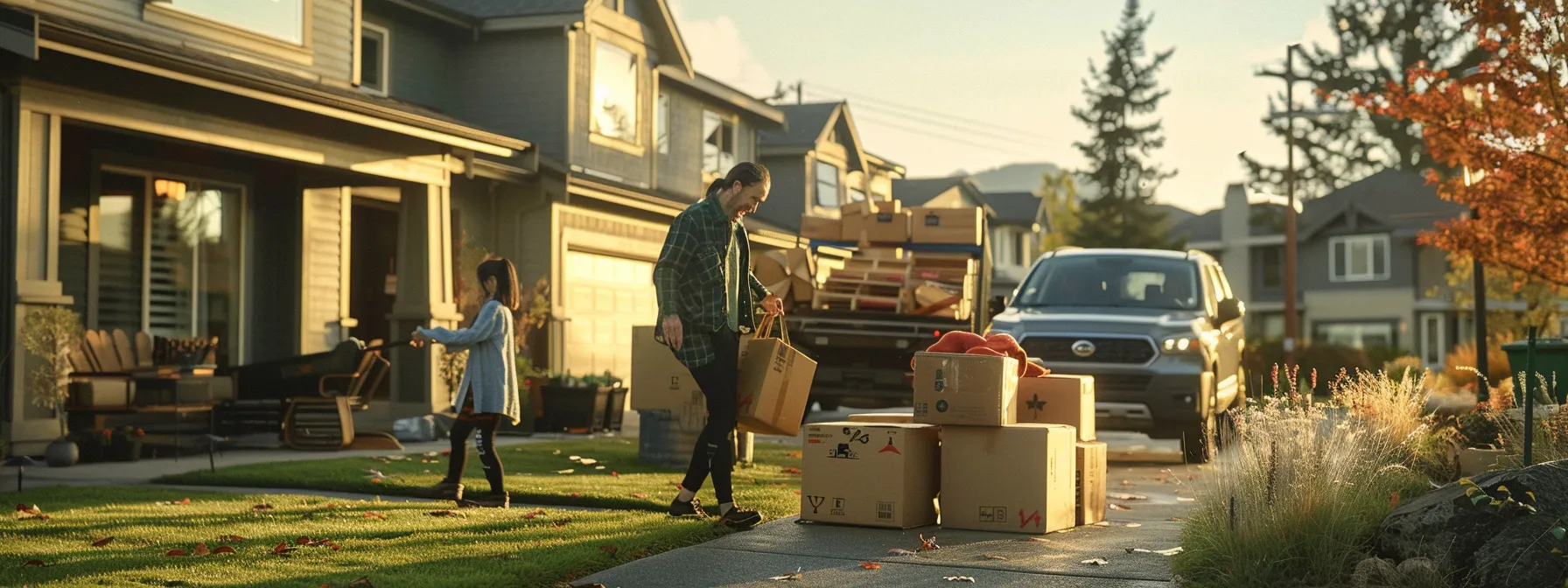 a family standing outside their new home, surrounded by boxes and a moving truck, as they smile and wave at the local moving company workers.