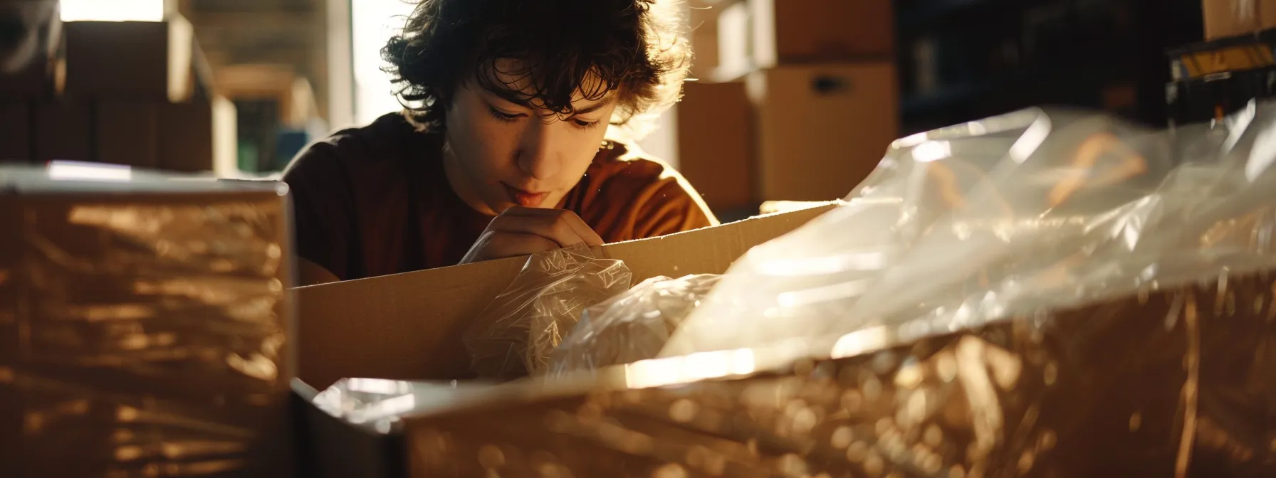 a person carefully packing delicate items into moving boxes in san diego, surrounded by shrink wrap and transportation supplies.