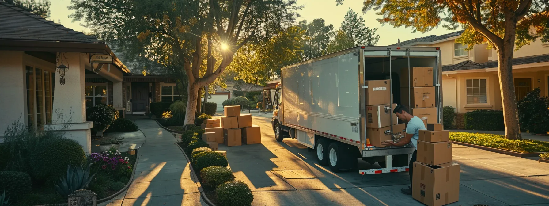 a professional moving crew carefully loading boxes and furniture into a moving truck in front of a house on a sunny day in san jose.