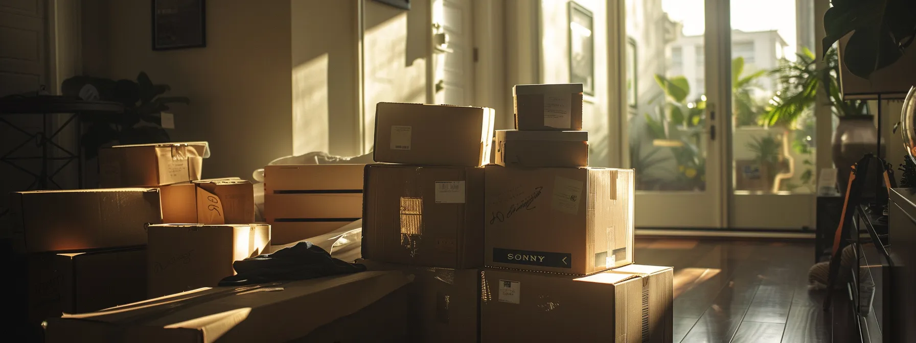 a neatly organized stack of packed boxes in a sunlit room, ready for a smooth long-distance move in san jose.