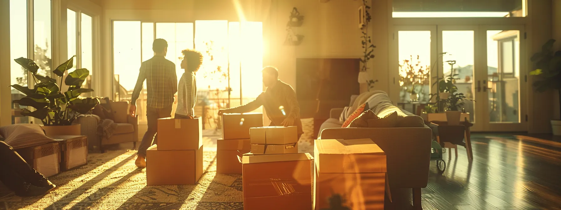 a family overseeing a team of movers packing and organizing boxes in a spacious living room, preparing for a residential move in oakland.