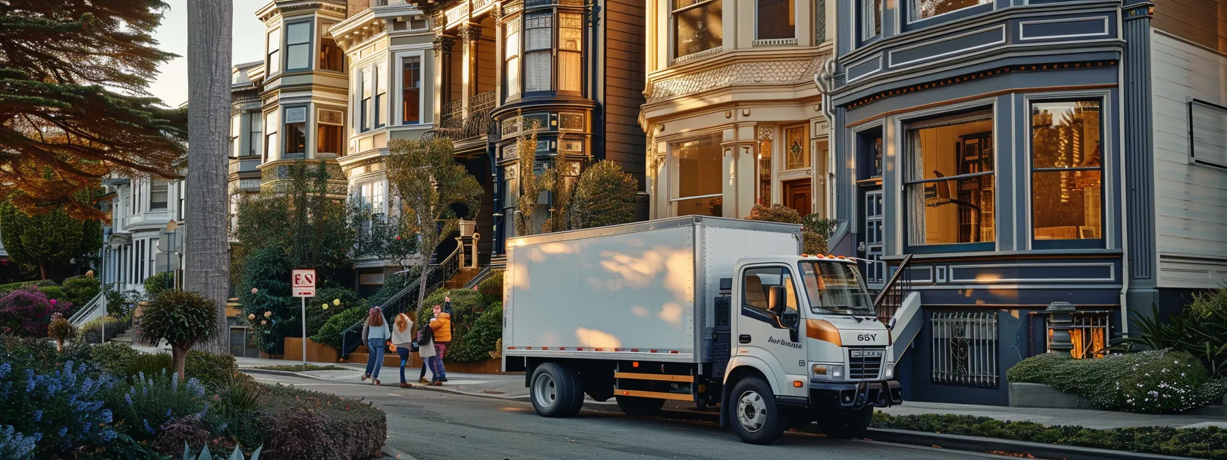 a professional moving company truck parked in front of a beautiful san francisco victorian home, surrounded by happy customers giving a thumbs up and smiling.