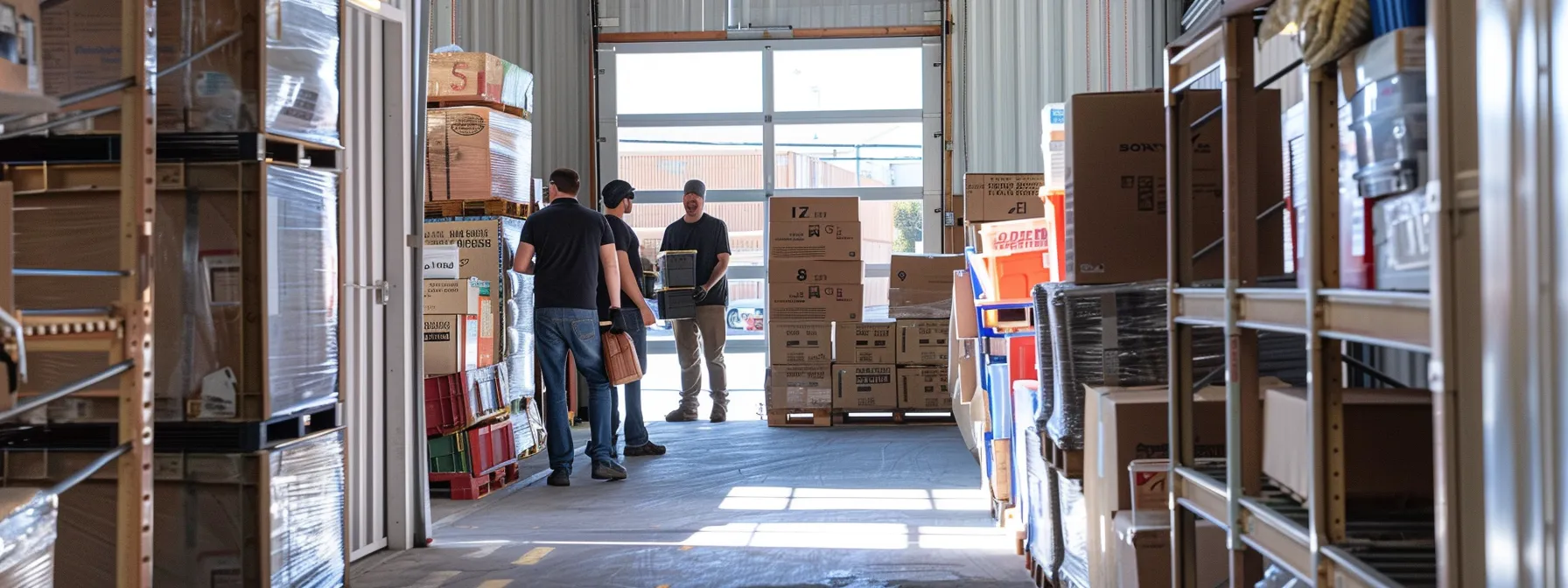 a team of expert oakland movers carefully loading belongings into a secure storage unit, surrounded by neatly stacked boxes and labeled containers.