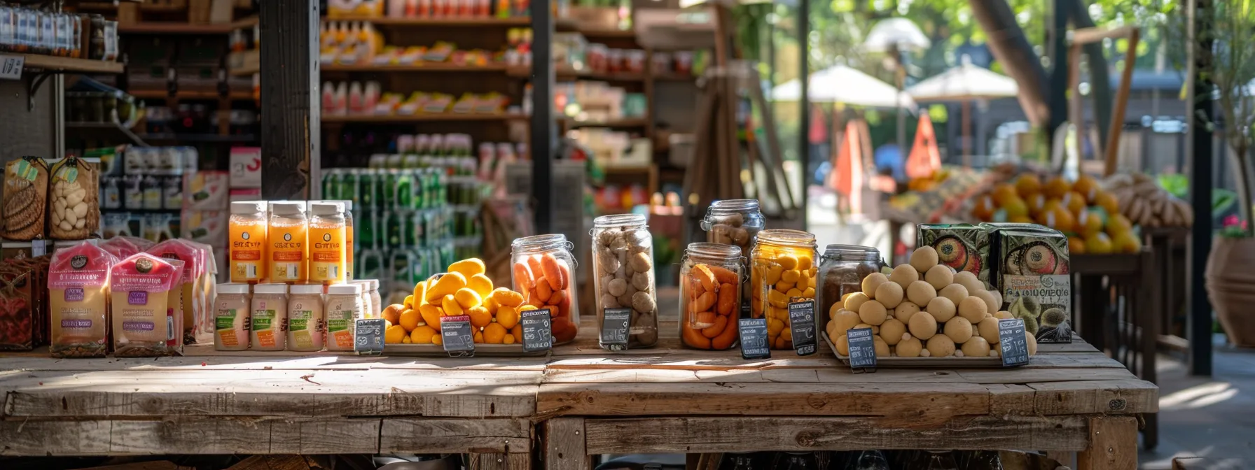 a sunny afternoon at a local market in orange county, featuring vibrant and sustainable packaging options displayed on a rustic wooden table.