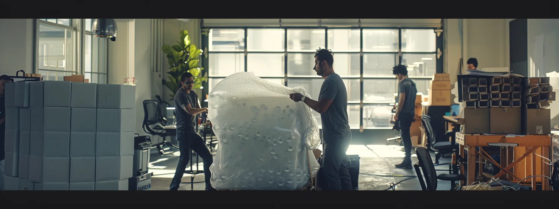 an office moving team carefully wrapping delicate equipment in bubble wrap, ensuring safe and efficient transportation in san francisco.